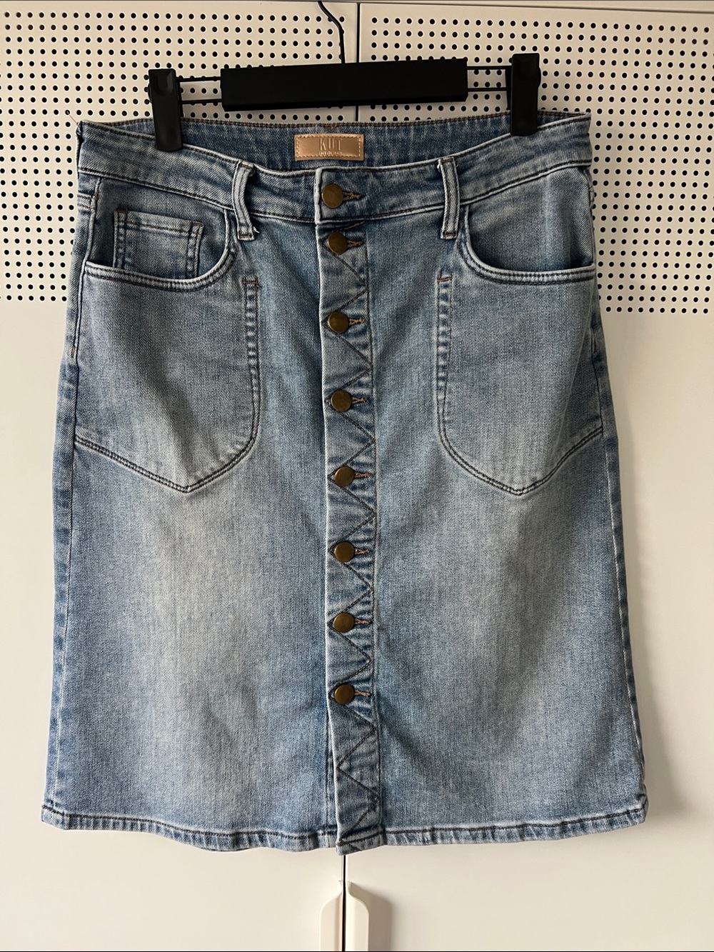 Kut from the Kloth Light Blue Button-Front Denim Midi Skirt